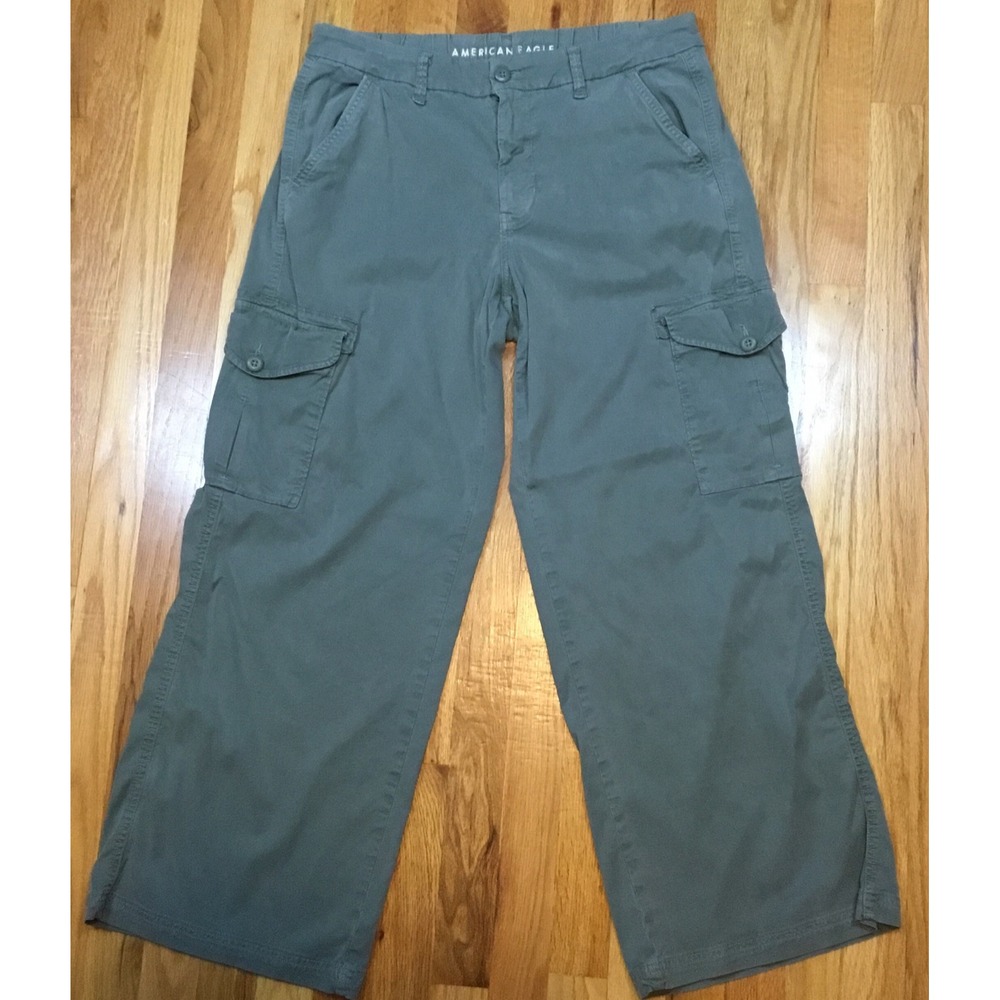 American Eagle Woman's Baggy Wide Leg Pants Green Cargo Pre-owned Stretch 12